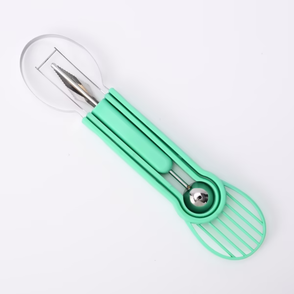 Ustensila bucatarie 4 in 1 pentru taiat si decorat fructe Flippy, material inox si plastic, compact, 28x6.2 cm, verde - imagine 3