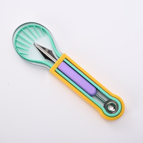 Ustensila bucatarie 4 in 1 pentru taiat si decorat fructe Flippy, material inox si plastic, compact, 28x6.2 cm, multicolor - imagine 3