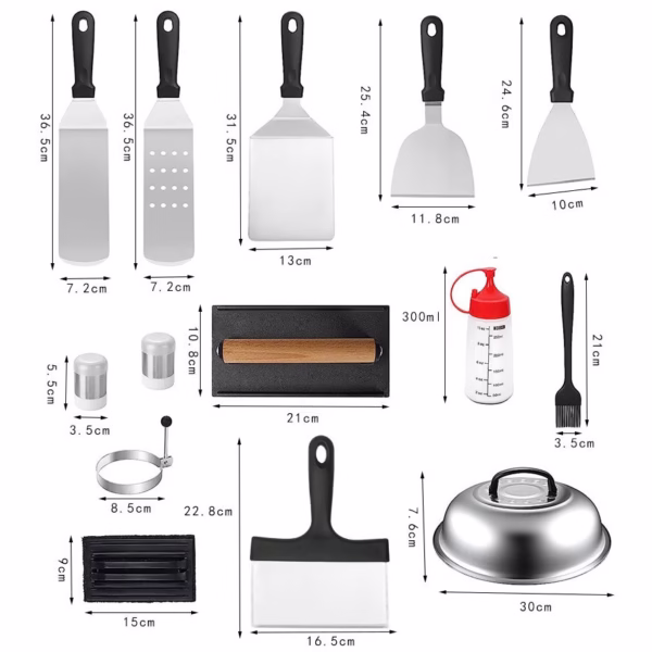 Ustensile pentru Gratar, Flippy, Set din 17 Ustensile pentru Gratar cu Preparare de tip Plita, Ustensile din Otel Inoxidabil cu Manere din Plastic PP, cu Geanta, Negru - imagine 2
