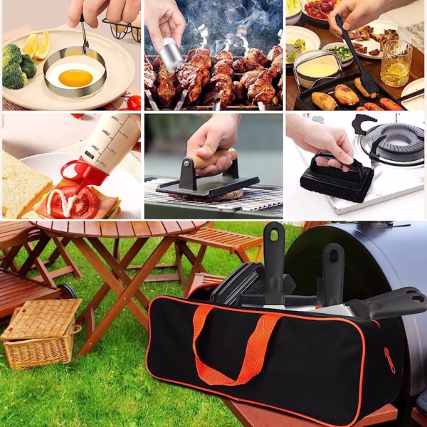 Ustensile pentru Gratar, Flippy, Set din 17 Ustensile pentru Gratar cu Preparare de tip Plita, Ustensile din Otel Inoxidabil cu Manere din Plastic PP, cu Geanta, Negru - imagine 3
