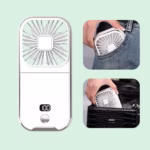 Ventilator Portabil Flippy, 3 in 1, de Mana, de Gat, de Birou, 16.7 x 8 x 1.9 cm, 3 Trepte de Viteza, Incarcare USB, Pliabil, Afisaj Digital, Suport Telefon, Alb - imagine 2
