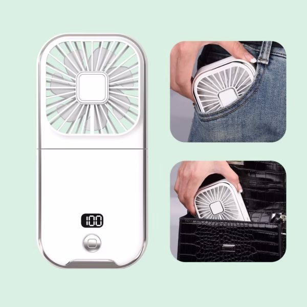 Ventilator Portabil Flippy, 3 in 1, de Mana, de Gat, de Birou, 16.7 x 8 x 1.9 cm, 3 Trepte de Viteza, Incarcare USB, Pliabil, Afisaj Digital, Suport Telefon, Alb - imagine 2