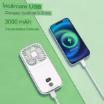 Ventilator Portabil Flippy, 3 in 1, de Mana, de Gat, de Birou, 16.7 x 8 x 1.9 cm, 3 Trepte de Viteza, Incarcare USB, Pliabil, Afisaj Digital, Suport Telefon, Alb - imagine 3