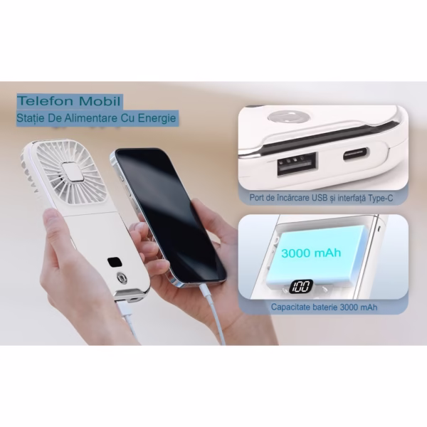 Ventilator Portabil Flippy, 3 in 1, de Mana, de Gat, de Birou, 16.7 x 8 x 1.9 cm, 3 Trepte de Viteza, Incarcare USB, Pliabil, Afisaj Digital, Suport Telefon, Alb - imagine 4