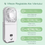 Ventilator Portabil Flippy, 3 in 1, de Mana, de Gat, de Birou, 16.7 x 8 x 1.9 cm, 3 Trepte de Viteza, Incarcare USB, Pliabil, Afisaj Digital, Suport Telefon, Alb - imagine 5