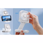 Ventilator Portabil Flippy, 3 in 1, de Mana, de Gat, de Birou, 16.7 x 8 x 1.9 cm, 3 Trepte de Viteza, Incarcare USB, Pliabil, Afisaj Digital, Suport Telefon, Alb - imagine 8