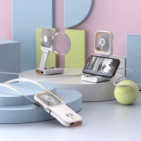 Ventilator Portabil Flippy, 3 in 1, de Mana, de Gat, de Birou, 16.7 x 8 x 1.9 cm, 3 Trepte de Viteza, Incarcare USB, Pliabil, Afisaj Digital, Suport Telefon, Alb - imagine 10
