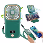 Ventilator Portabil Flippy, 3 in 1, de Mana, de Gat, de Birou, 16.7 x 8 x 1.9 cm, 3 Trepte de Viteza, Incarcare USB, Pliabil, Afisaj Digital, Suport Telefon, Verde - imagine 3