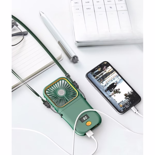 Ventilator Portabil Flippy, 3 in 1, de Mana, de Gat, de Birou, 16.7 x 8 x 1.9 cm, 3 Trepte de Viteza, Incarcare USB, Pliabil, Afisaj Digital, Suport Telefon, Verde - imagine 5