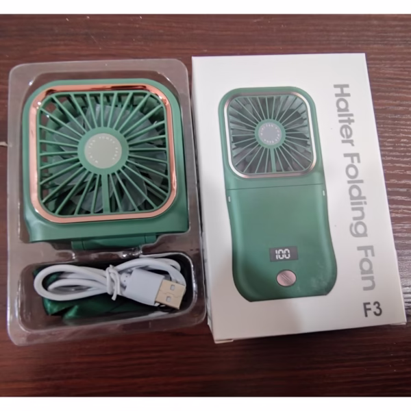 Ventilator Portabil Flippy, 3 in 1, de Mana, de Gat, de Birou, 16.7 x 8 x 1.9 cm, 3 Trepte de Viteza, Incarcare USB, Pliabil, Afisaj Digital, Suport Telefon, Verde - imagine 6