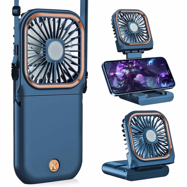 Ventilator Portabil Flippy, 3 in 1, de Mana, de Gat, de Birou, 16.7 x 8 x 1.9 cm, 3 Trepte de Viteza, Incarcare USB, Pliabil, Afisaj Digital, Suport Telefon, Albastru - imagine 2