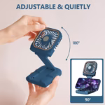 Ventilator Portabil Flippy, 3 in 1, de Mana, de Gat, de Birou, 16.7 x 8 x 1.9 cm, 3 Trepte de Viteza, Incarcare USB, Pliabil, Afisaj Digital, Suport Telefon, Albastru - imagine 4