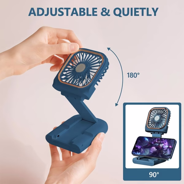 Ventilator Portabil Flippy, 3 in 1, de Mana, de Gat, de Birou, 16.7 x 8 x 1.9 cm, 3 Trepte de Viteza, Incarcare USB, Pliabil, Afisaj Digital, Suport Telefon, Albastru - imagine 4