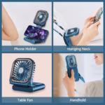 Ventilator Portabil Flippy, 3 in 1, de Mana, de Gat, de Birou, 16.7 x 8 x 1.9 cm, 3 Trepte de Viteza, Incarcare USB, Pliabil, Afisaj Digital, Suport Telefon, Albastru - imagine 5