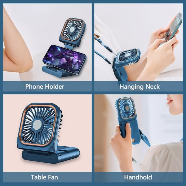 Ventilator Portabil Flippy, 3 in 1, de Mana, de Gat, de Birou, 16.7 x 8 x 1.9 cm, 3 Trepte de Viteza, Incarcare USB, Pliabil, Afisaj Digital, Suport Telefon, Albastru - imagine 5