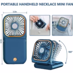 Ventilator Portabil Flippy, 3 in 1, de Mana, de Gat, de Birou, 16.7 x 8 x 1.9 cm, 3 Trepte de Viteza, Incarcare USB, Pliabil, Afisaj Digital, Suport Telefon, Albastru - imagine 6