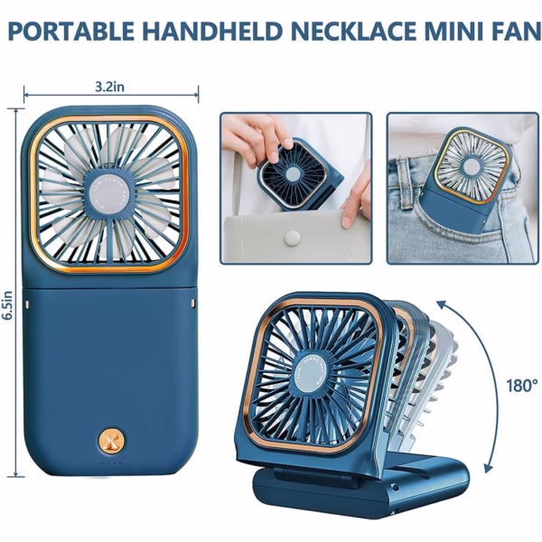 Ventilator Portabil Flippy, 3 in 1, de Mana, de Gat, de Birou, 16.7 x 8 x 1.9 cm, 3 Trepte de Viteza, Incarcare USB, Pliabil, Afisaj Digital, Suport Telefon, Albastru - imagine 6
