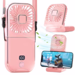 Ventilator Portabil Flippy, 3 in 1, de Mana, de Gat, de Birou, 16.7 x 8 x 1.9 cm, 3 Trepte de Viteza, Incarcare USB, Pliabil, Afisaj Digital, Suport Telefon, Roz