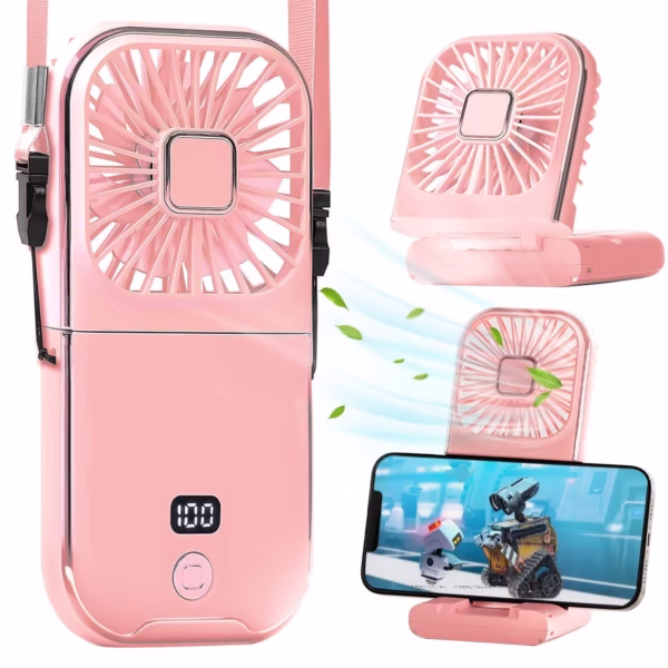 Ventilator Portabil Flippy, 3 in 1, de Mana, de Gat, de Birou, 16.7 x 8 x 1.9 cm, 3 Trepte de Viteza, Incarcare USB, Pliabil, Afisaj Digital, Suport Telefon, Roz - imagine 1