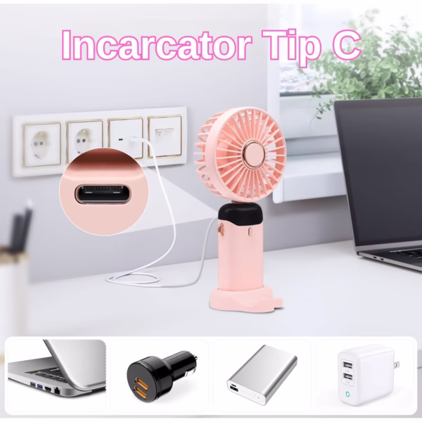 Ventilator Ultra Portabil cu Aromaterapie, Flippy, 3 in 1, de Mana, de Birou, de Gat, 5 Trepte de Viteza, Incarcare USB, Autonomie 12h, Pliabil, cu Ecran LCD, Roz - imagine 4