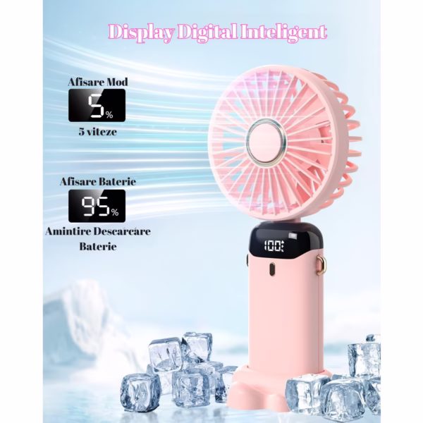 Ventilator Ultra Portabil cu Aromaterapie, Flippy, 3 in 1, de Mana, de Birou, de Gat, 5 Trepte de Viteza, Incarcare USB, Autonomie 12h, Pliabil, cu Ecran LCD, Roz - imagine 7
