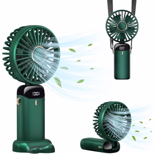 Ventilator Ultra Portabil cu Aromaterapie, Flippy, 3 in 1, de Mana, de Birou, de Gat, 5 Trepte de Viteza, Incarcare USB, Autonomie 12h, Pliabil, cu Ecran LCD, Verde - imagine 3
