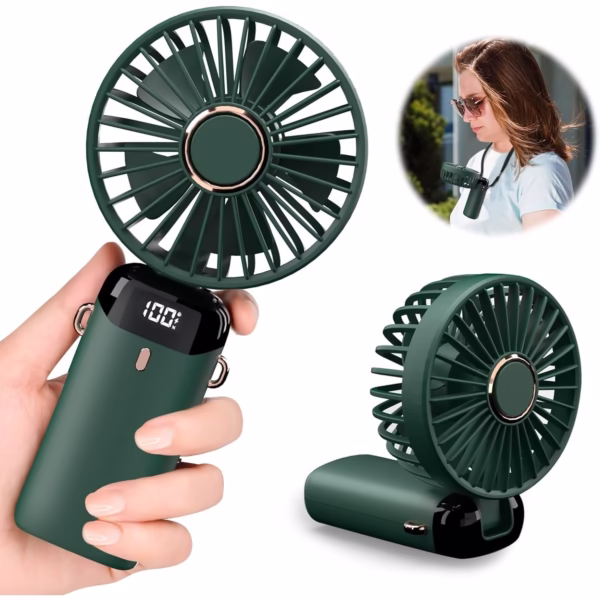 Ventilator Ultra Portabil cu Aromaterapie, Flippy, 3 in 1, de Mana, de Birou, de Gat, 5 Trepte de Viteza, Incarcare USB, Autonomie 12h, Pliabil, cu Ecran LCD, Verde - imagine 4