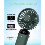 Ventilator Ultra Portabil cu Aromaterapie, Flippy, 3 in 1, de Mana, de Birou, de Gat, 5 Trepte de Viteza, Incarcare USB, Autonomie 12h, Pliabil, cu Ecran LCD, Verde - imagine 5