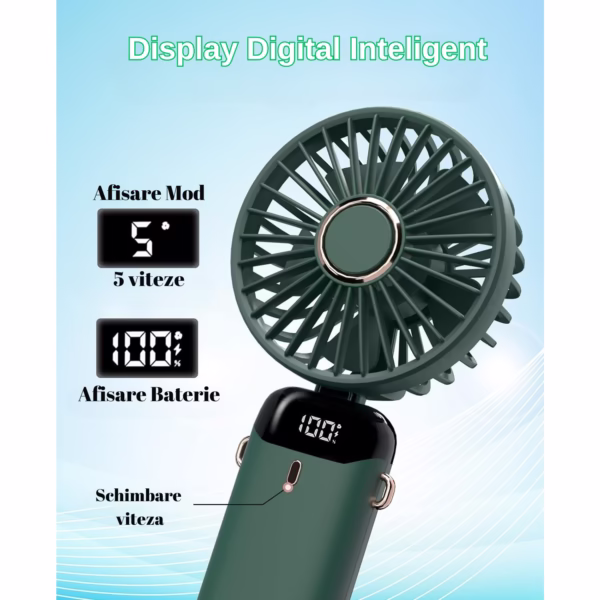 Ventilator Ultra Portabil cu Aromaterapie, Flippy, 3 in 1, de Mana, de Birou, de Gat, 5 Trepte de Viteza, Incarcare USB, Autonomie 12h, Pliabil, cu Ecran LCD, Verde - imagine 5
