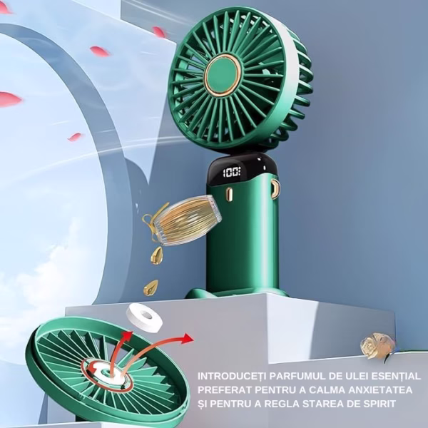 Ventilator Ultra Portabil cu Aromaterapie, Flippy, 3 in 1, de Mana, de Birou, de Gat, 5 Trepte de Viteza, Incarcare USB, Autonomie 12h, Pliabil, cu Ecran LCD, Verde - imagine 6