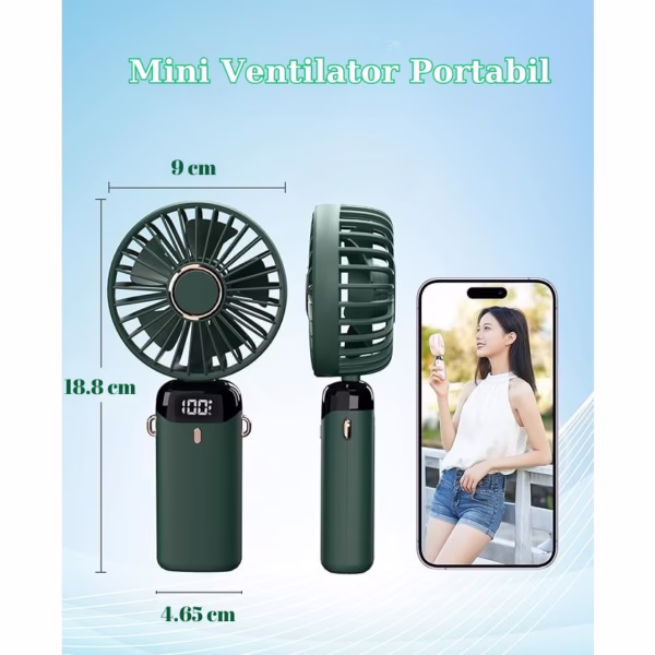 Ventilator Ultra Portabil cu Aromaterapie, Flippy, 3 in 1, de Mana, de Birou, de Gat, 5 Trepte de Viteza, Incarcare USB, Autonomie 12h, Pliabil, cu Ecran LCD, Verde - imagine 7