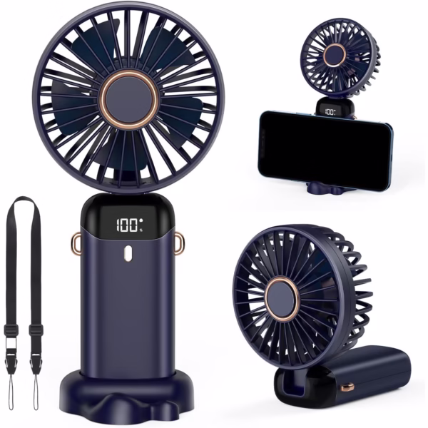 Ventilator Ultra Portabil cu Aromaterapie, Flippy, 3 in 1, de Mana, de Birou, de Gat, 5 Trepte de Viteza, Incarcare USB, Autonomie 12h, Pliabil, cu Ecran LCD, Albastru - imagine 2