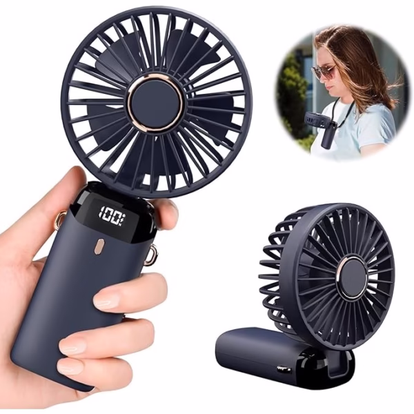 Ventilator Ultra Portabil cu Aromaterapie, Flippy, 3 in 1, de Mana, de Birou, de Gat, 5 Trepte de Viteza, Incarcare USB, Autonomie 12h, Pliabil, cu Ecran LCD, Albastru - imagine 3