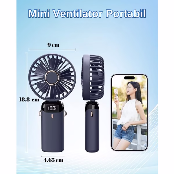 Ventilator Ultra Portabil cu Aromaterapie, Flippy, 3 in 1, de Mana, de Birou, de Gat, 5 Trepte de Viteza, Incarcare USB, Autonomie 12h, Pliabil, cu Ecran LCD, Albastru - imagine 4