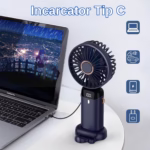 Ventilator Ultra Portabil cu Aromaterapie, Flippy, 3 in 1, de Mana, de Birou, de Gat, 5 Trepte de Viteza, Incarcare USB, Autonomie 12h, Pliabil, cu Ecran LCD, Albastru - imagine 9
