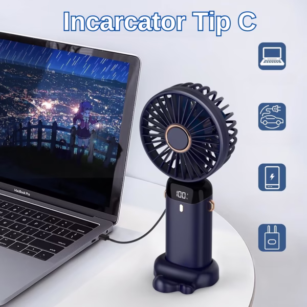 Ventilator Ultra Portabil cu Aromaterapie, Flippy, 3 in 1, de Mana, de Birou, de Gat, 5 Trepte de Viteza, Incarcare USB, Autonomie 12h, Pliabil, cu Ecran LCD, Albastru - imagine 9