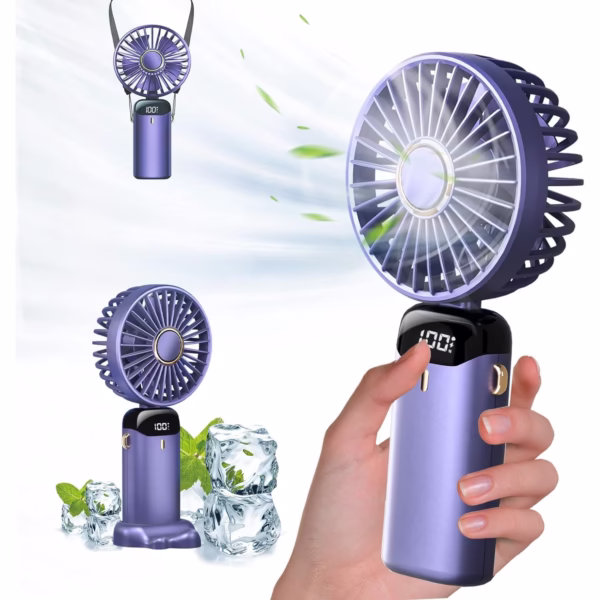 Ventilator Ultra Portabil cu Aromaterapie, Flippy, 3 in 1, de Mana, de Birou, de Gat, 5 Trepte de Viteza, Incarcare USB, Autonomie 12h, Pliabil, cu Ecran LCD, Mov - imagine 4