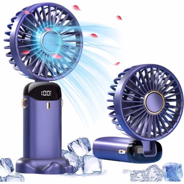 Ventilator Ultra Portabil cu Aromaterapie, Flippy, 3 in 1, de Mana, de Birou, de Gat, 5 Trepte de Viteza, Incarcare USB, Autonomie 12h, Pliabil, cu Ecran LCD, Mov - imagine 5