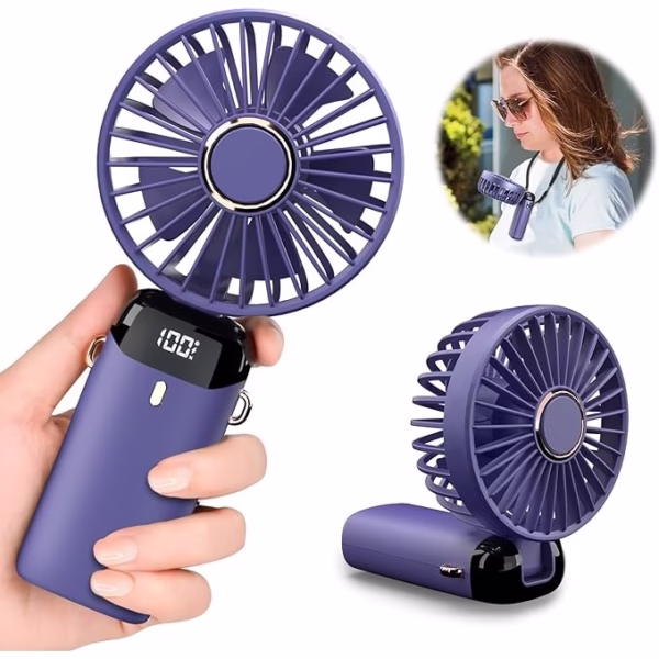 Ventilator Ultra Portabil cu Aromaterapie, Flippy, 3 in 1, de Mana, de Birou, de Gat, 5 Trepte de Viteza, Incarcare USB, Autonomie 12h, Pliabil, cu Ecran LCD, Mov - imagine 6