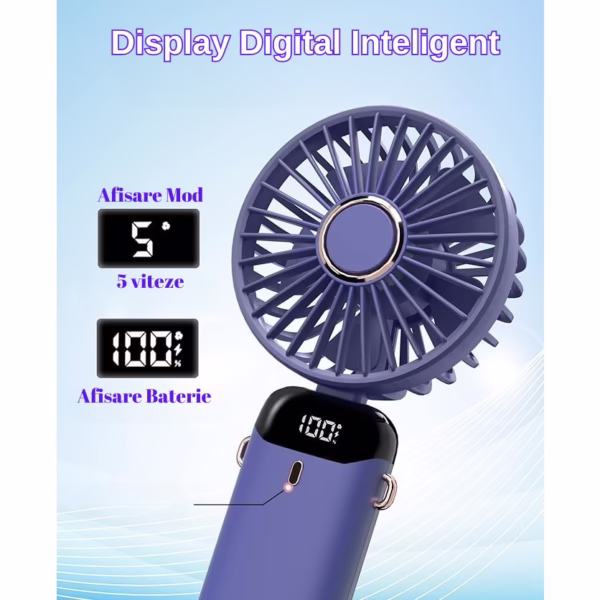 Ventilator Ultra Portabil cu Aromaterapie, Flippy, 3 in 1, de Mana, de Birou, de Gat, 5 Trepte de Viteza, Incarcare USB, Autonomie 12h, Pliabil, cu Ecran LCD, Mov - imagine 7