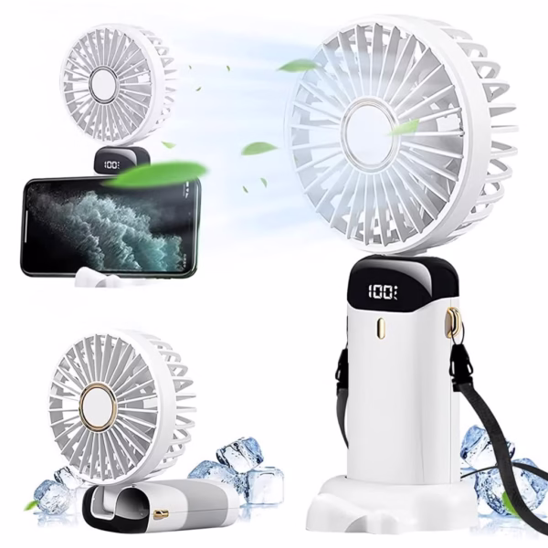 Ventilator Ultra Portabil cu Aromaterapie, Flippy, 3 in 1, de Mana, de Birou, de Gat, 5 Trepte de Viteza, Incarcare USB, Autonomie 12h, Pliabil, cu Ecran LCD, Alb - imagine 3