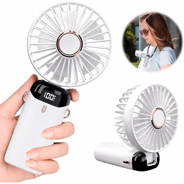 Ventilator Ultra Portabil cu Aromaterapie, Flippy, 3 in 1, de Mana, de Birou, de Gat, 5 Trepte de Viteza, Incarcare USB, Autonomie 12h, Pliabil, cu Ecran LCD, Alb - imagine 4