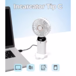 Ventilator Ultra Portabil cu Aromaterapie, Flippy, 3 in 1, de Mana, de Birou, de Gat, 5 Trepte de Viteza, Incarcare USB, Autonomie 12h, Pliabil, cu Ecran LCD, Alb - imagine 5