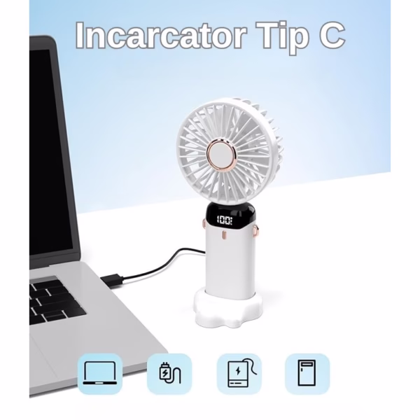 Ventilator Ultra Portabil cu Aromaterapie, Flippy, 3 in 1, de Mana, de Birou, de Gat, 5 Trepte de Viteza, Incarcare USB, Autonomie 12h, Pliabil, cu Ecran LCD, Alb - imagine 5