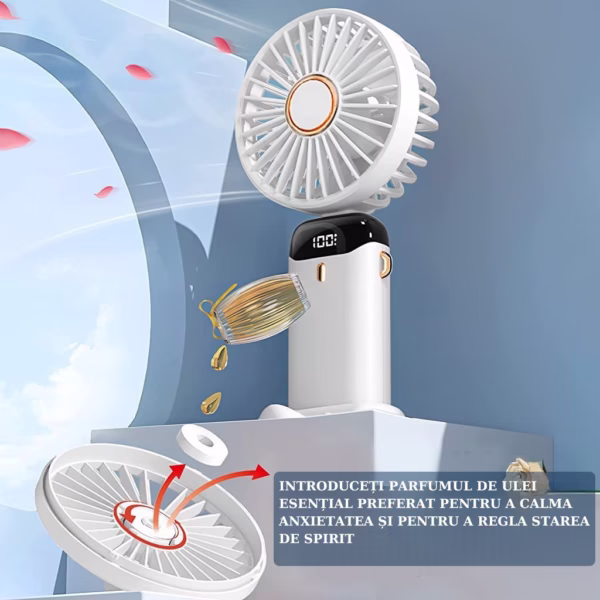 Ventilator Ultra Portabil cu Aromaterapie, Flippy, 3 in 1, de Mana, de Birou, de Gat, 5 Trepte de Viteza, Incarcare USB, Autonomie 12h, Pliabil, cu Ecran LCD, Alb - imagine 10