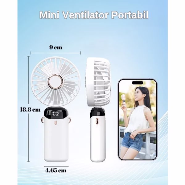 Ventilator Ultra Portabil cu Aromaterapie, Flippy, 3 in 1, de Mana, de Birou, de Gat, 5 Trepte de Viteza, Incarcare USB, Autonomie 12h, Pliabil, cu Ecran LCD, Alb - imagine 11