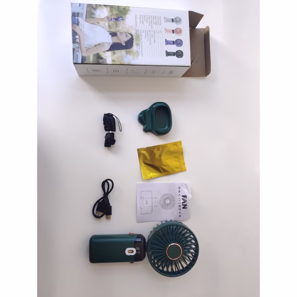 Ventilator Ultra Portabil cu Aromaterapie, Flippy, 3 in 1, de Mana, de Birou, de Gat, 5 Trepte de Viteza, Incarcare USB, Autonomie 12h, Pliabil, cu Ecran LCD, Verde - imagine 9