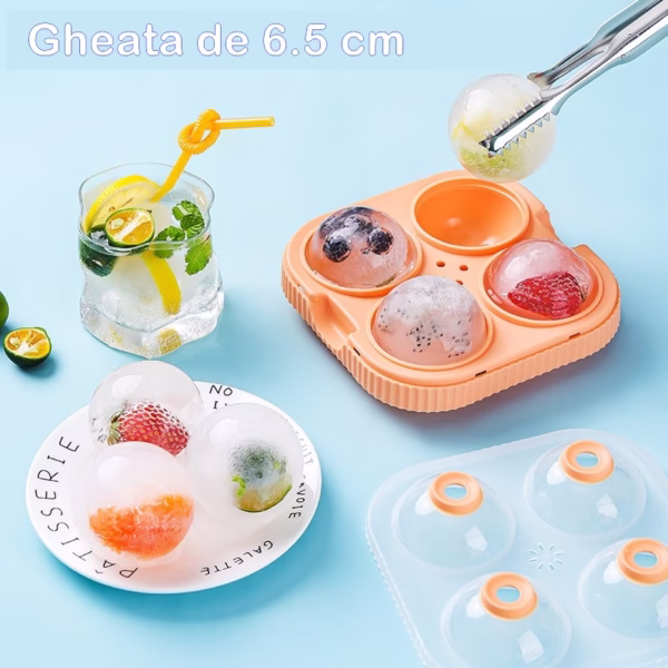 Forma Sfere de Gheata pentru Wiskey si Cocktail-uri Flippy, 4 Sfere, Material Plastic/Silicon Alimentar, Diametru 6.5 cm, cu Orificiu Tip Palnie pentru Umplere, 17 x 17 x 7 cm, Portocaliu - imagine 4