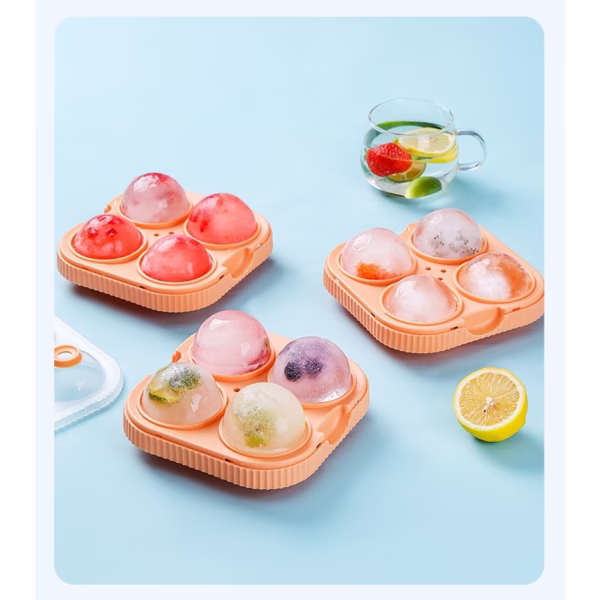 Forma Sfere de Gheata pentru Wiskey si Cocktail-uri Flippy, 4 Sfere, Material Plastic/Silicon Alimentar, Diametru 6.5 cm, cu Orificiu Tip Palnie pentru Umplere, 17 x 17 x 7 cm, Portocaliu - imagine 7