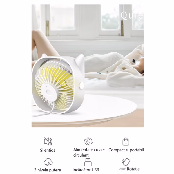 Mini ventilator pentru birou cu usb, Flippy, rotire 360 grade, 3 viteze, 13.5 x 12,8 cm, Alb - imagine 3